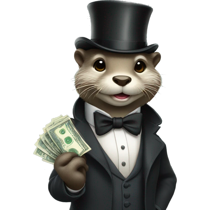 Anthropomorphic otter wearing suit and top hat holding money emoji