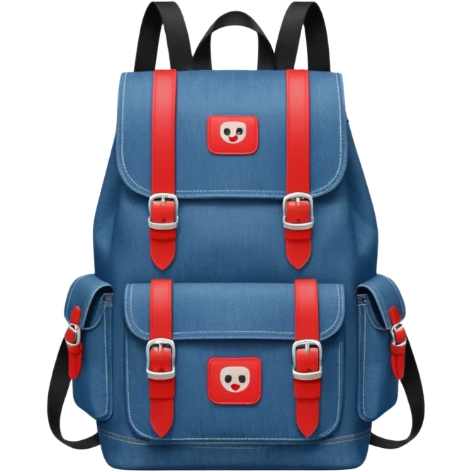 a blue denim backpack with a flap top, two vertical *black buckle straps* on the front. The backpack has two side pockets and a soft square shape. at front pocket bottom side, red and white two divided logo like tommy hilfiger 

 emoji