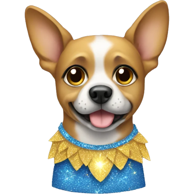 Dog wearing a yellow and blue sparkly skirt with wings emoji