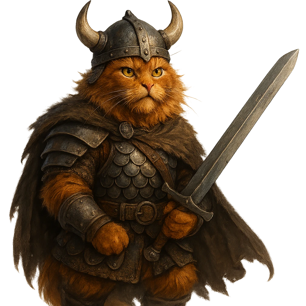 Viking ginger cat, Valhalla, armor and sword, valorous expression, fantasy style emoji