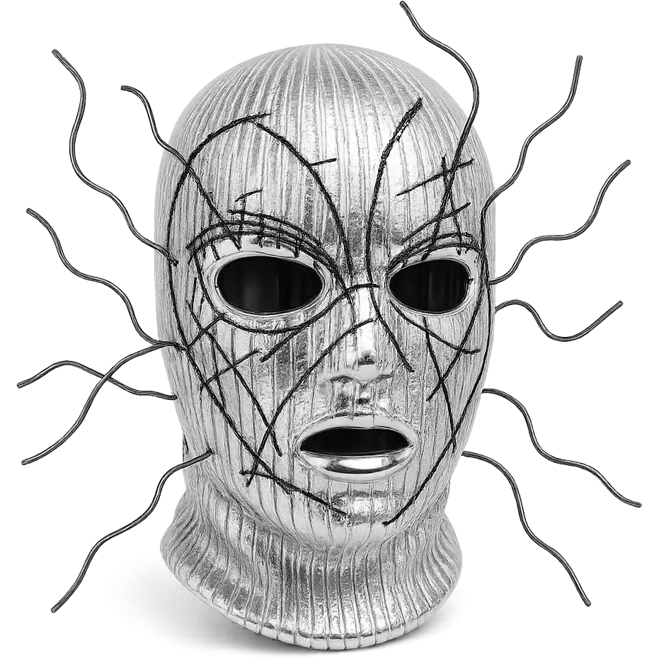 The mask is a full-head, white knitted balaclava with a tight ribbed texture. It features two asymmetrical eye openings and a partially exposed mouth area. Black thread is stitched across the surface in chaotic, abstract lines that trace facial features, giving a hand-drawn effect. Several black cords extend outward from the mask, varying in length and direction, adding a sculptural, almost organic appearance. The overall look is bold, handcrafted, and visually striking. emoji