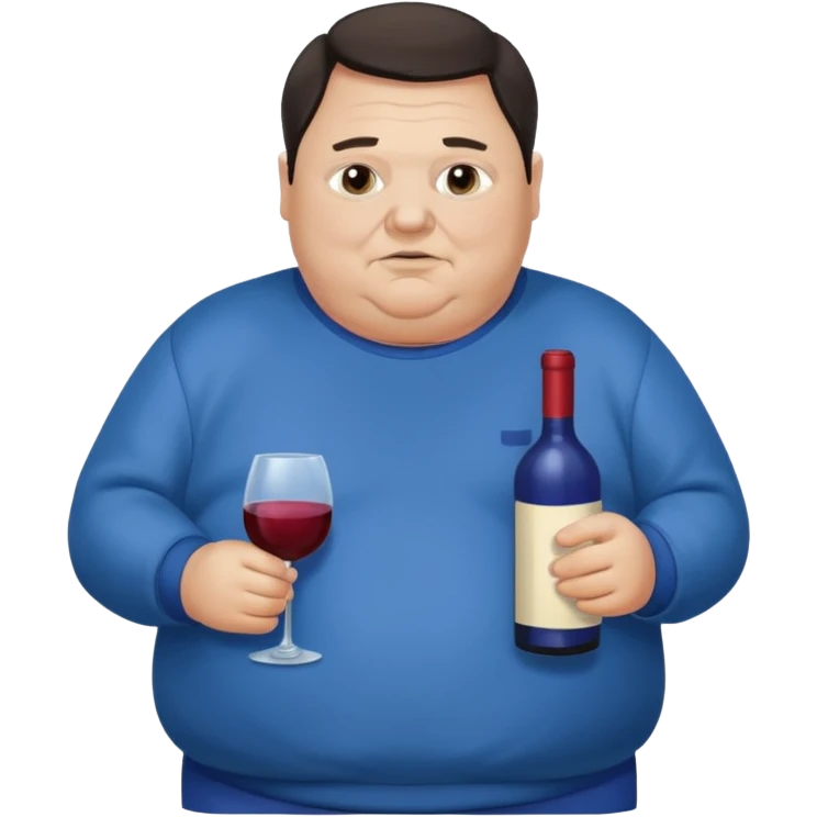 Morbidly obese older man dark hair with blue sweatshirt holding bottle of wine emoji
