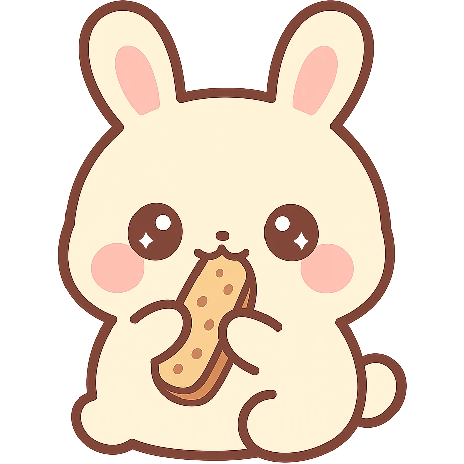 very cute rabbit, Japanese anime style, big shiny eyes, eating a biscotti emoji