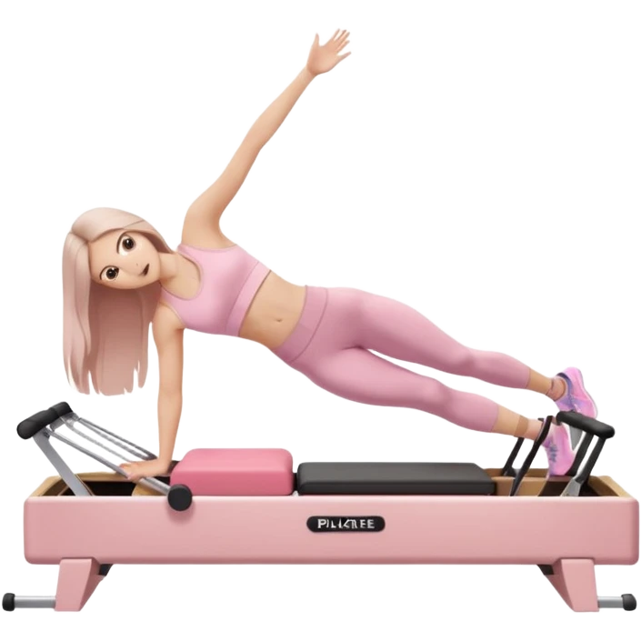 pretty white brunette teen long hair with hazel eyes and a small waist in light pink workout clothes in a plank on a pilates reformer emoji