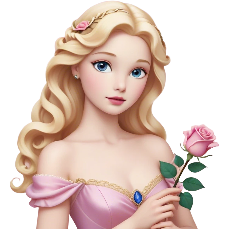 Cinematic Realistic Sleeping Beauty (Aurora) Portrait, with porcelain-like skin featuring a natural rosy flush, illuminated by soft lighting that highlights the gentle contours of her face. Her golden blonde hair flows in soft, detailed waves with subtle highlights that shimmer in the light. Her deep violet-blue eyes radiate warmth and innocence, framed by arched brows and long lashes. With a soft, serene smile, she holds a delicate rose gently in one hand, her other hand resting lightly by her side. She is dressed in her classic pink gown, the fabric rich in texture with delicate folds that catch the light. A golden crown rests atop her head, gleaming with royal refinement. The portrait captures a soft, glowing aura, blending realism with an ethereal sense of beauty and timeless enchantment. emoji