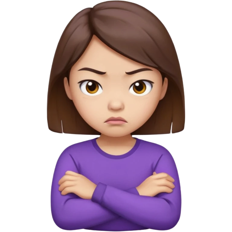 Angry Pouty girl with small asian eyes folding arms in a purple longsleeve shirt she has fair skin and brown hair emoji