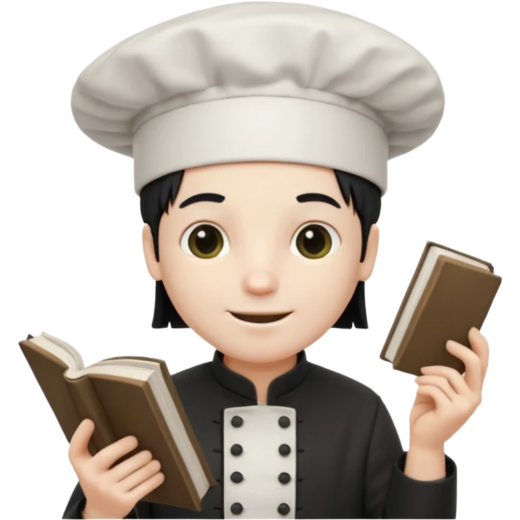 ["A happy man with pale skin, straight hair, wearing a chef hat and no glasses, dressed in goth fashion, is reading a book while holding a camera."] emoji