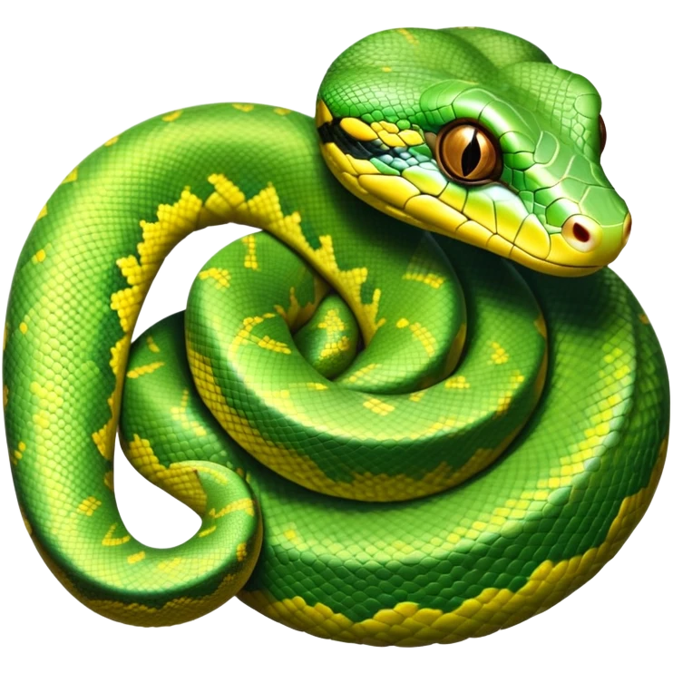 cinematic-green tree python-realistic-full-body-coiled-emoji,-thick-scaled-body-looped-tightly,-intricate-brown-and-gold-patterned-scales-reflecting-light,-head-tilted-dramatically,-slitted-eyes-staring-calmly,-simplified-yet-realistic-focused-feature emoji