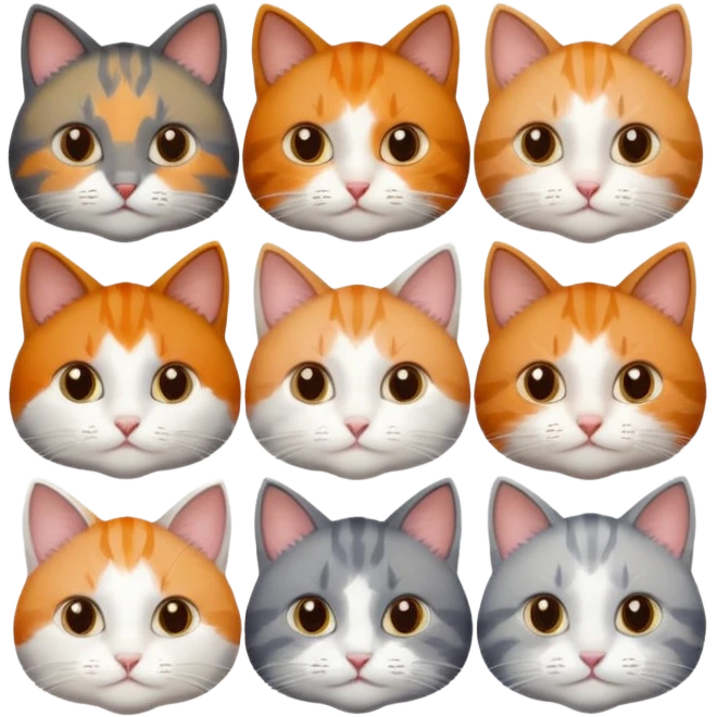 6 cats with different coloured coats, 2 are grey and white, 1 is grey with a little white, 1 calico, 1 brown tabby and white and one ginger and white emoji