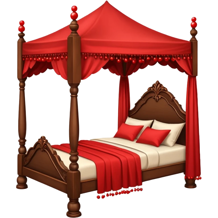 Wooden four poster bed with canopy handing small red balls on edge  emoji