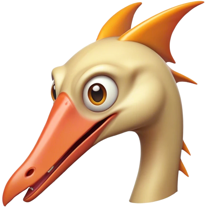 Cinematic Comical Pterodactyl Portrait Emoji, Head tilted dramatically with an exaggeratedly shocked expression, featuring a sleek, streamlined body with a quirky, animated beak and wide, comically expressive eyes full of playful disbelief, Simplified yet hilariously expressive features, highly detailed, glowing with a slightly sassy ethereal glow, high shine, dramatic yet playful, stylized with an air of cheeky prehistoric mischief, soft glowing outline, capturing the essence of a meme-worthy Pterodactyl that looks ready to side-eye its way into viral fame! emoji
