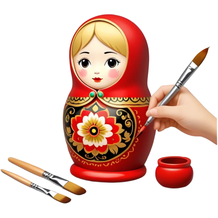 Wooden doll painting icon, traditional Russian Matryoshka doll being painted with intricate Palekh or Khokhloma designs, visible paintbrush, vibrant red, gold, and black colors, unfinished doll with detailed patterns in progress, minimalistic style, clean lines, transparent background. emoji