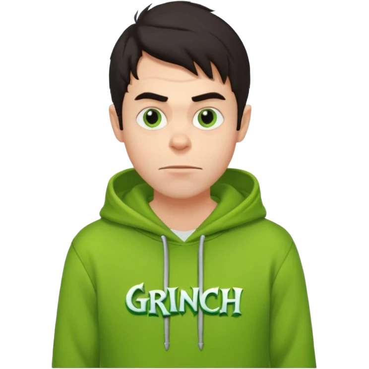 Create an avatar of white Europeanwith dark hair  male in hoodie with ``BST`` letters on it. Make background to look like from movie Grinch emoji