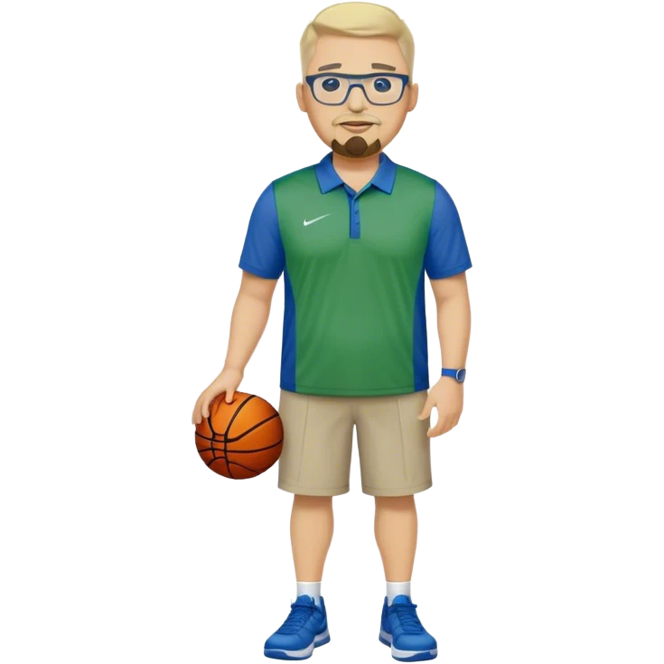 Full Body white male plus size wearing glasses with a goatee with light blonde and gray very short hair happy basketball head Coach in blue and green wearing Nike polo emoji