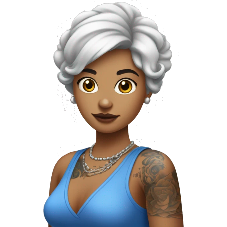 une femme de 30 ans au cheveux bleus mi long avec le côté du crane tondu très court vetu d'un débardeur blanc et des tatouages sur les bras  emoji