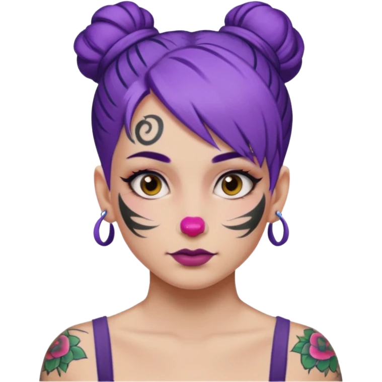 purple hair bun and lots of face tattoo emoji