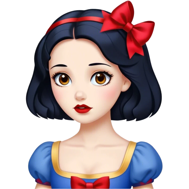 Cinematic Elegant Snow White Portrait Emoji, rendered in a realistic, vector-style with minimal shading and bold, simplified shapes. Depict Snow White (chest and above) with flawless porcelain skin, expressive deep brown eyes, and lustrous raven hair neatly styled with a red bow, wearing her classic blue and gold dress. The image glows with a soft, pure radiance and high shine, capturing timeless beauty and gentle grace. emoji