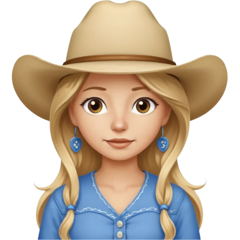Make a girl with long brownish blonde hair, wearing a white cowboy hat with a button nose and wearing a blue V-neck with spaghetti straps emoji