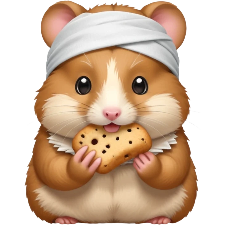 A cheerful hamster patient with head bandage, nibbling a treat for comfort.
 emoji