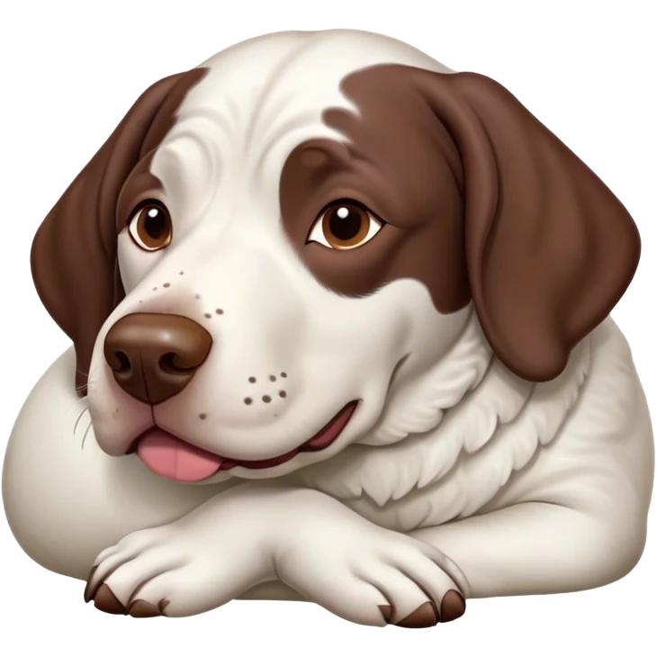 Cinematic Meme-Worthy Chubby Sleeping German Pointer Portrait Emoji, Head resting peacefully with a contented smile, showcasing a delightfully chubby build and a luxuriously soft liver and white coat, eyes shut in a serene nap, Simplified yet hilariously adorable features, highly detailed, glowing with a soft, drowsy light, high shine, relaxed and utterly lovable, stylized with an air of playful laziness, bright and heartwarming, soft glowing outline, capturing the essence of a comically sleepy hunter, so meme-worthy it feels like it could instantly become the next viral sensation of adorable slumber! emoji