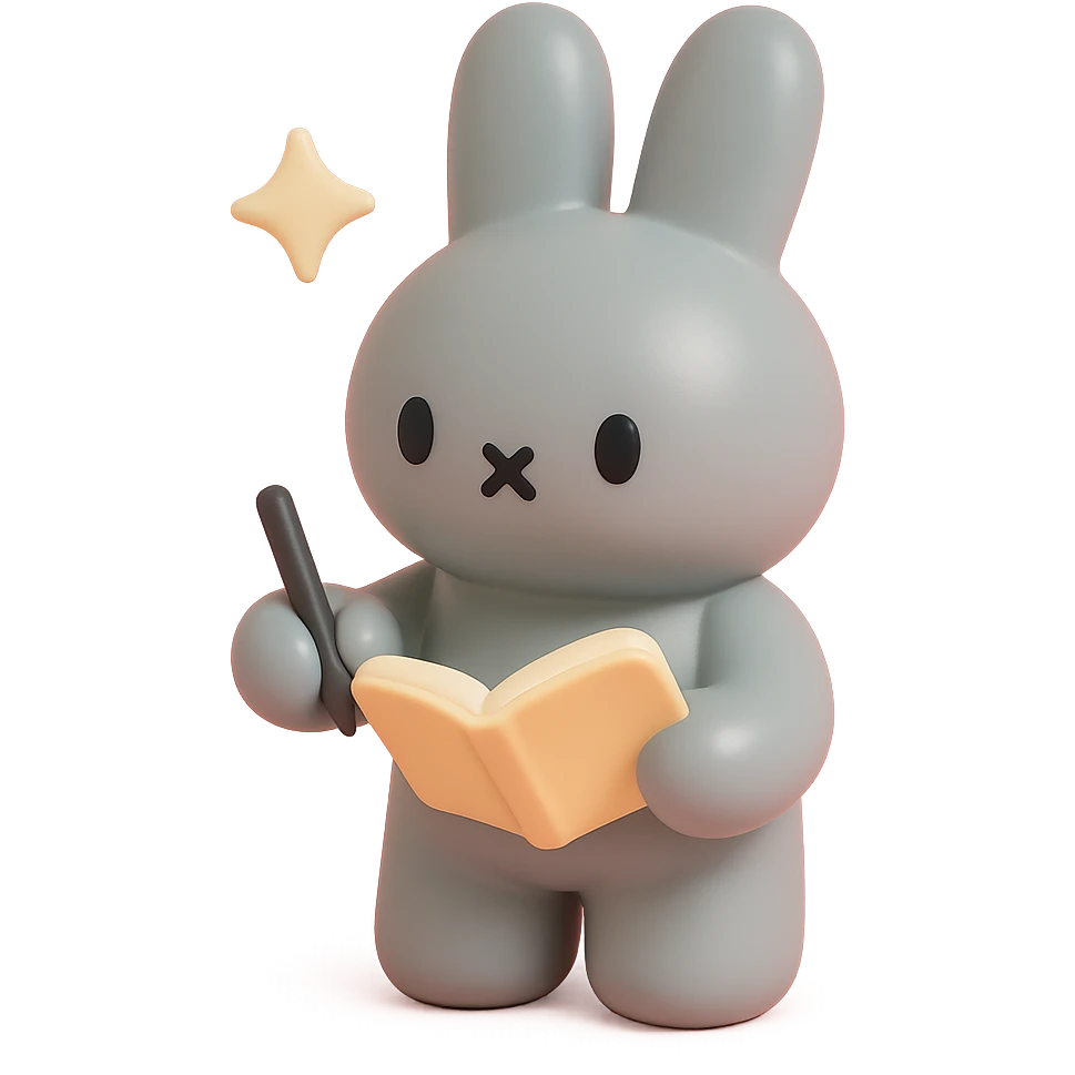 gray bunny writing in notebook with spark of light, vinyl figure style emoji