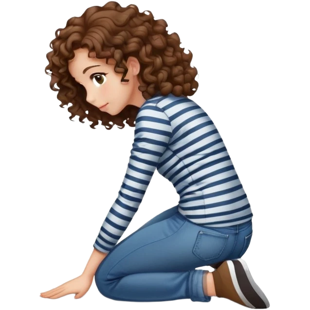 girl with curly hair in jeans and striped shirt kneeling on the ground seen from behind emoji