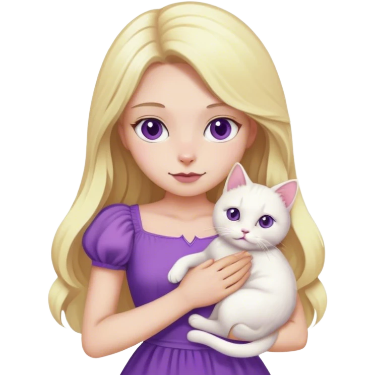 ผู้หญิงใส่ชุดกระโปรงถือแมวสีขาว ชุดกระโปรงสีม่วงไว้ผมยาวสีบอล emoji