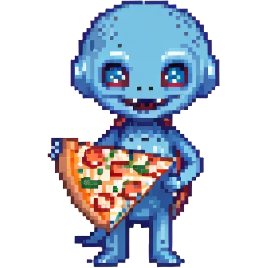 A cute blue alien happily munching on a slice of pizza emoji