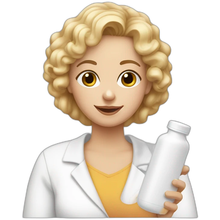mom with hazel eyes, blond semi curly hair,  holding a white pill bottle in hand emoji
