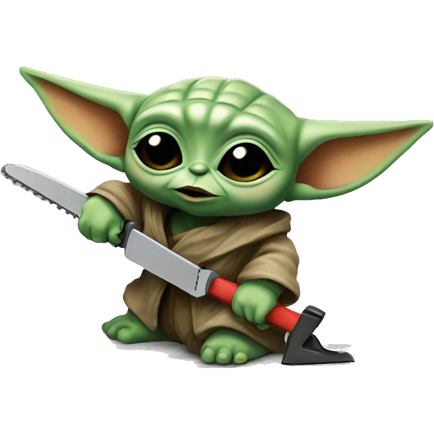 Baby Yoda saws with a chainsaw. In a painted style emoji