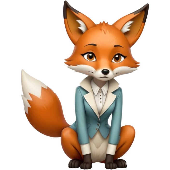 extremely sad crying anthropomorphised female fox in stylish outfit, no sunglasses, looking to the left, hunched over in poor posture, full-body view emoji