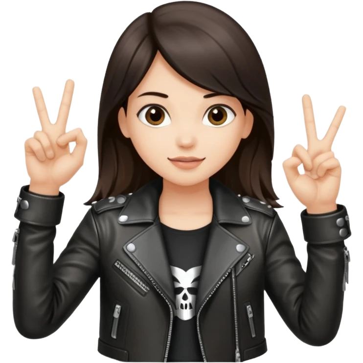 Fair skin long dark brown hair wearing a leather metal jacket girl doing the Rock n roll sign holding a large blank sign emoji