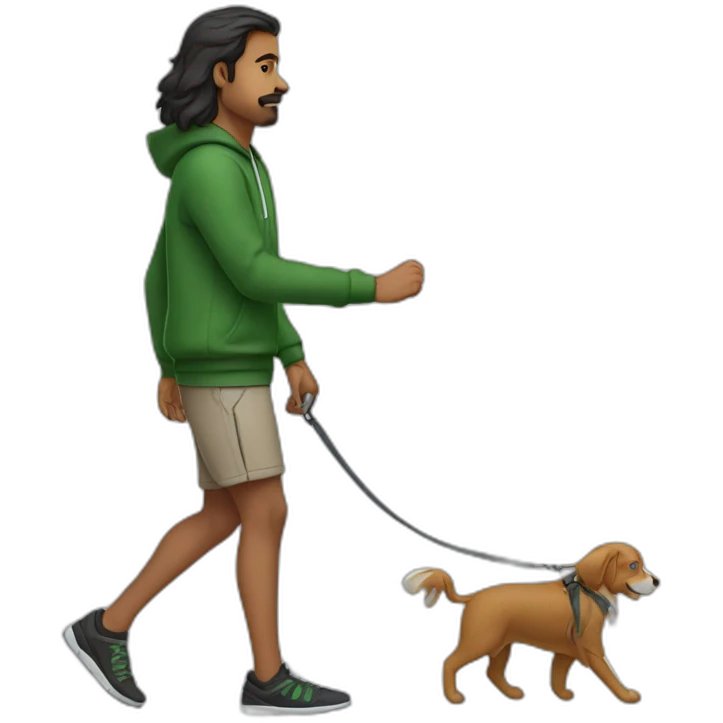an indian man wearing a green sweatshirt, long hair, no beard, black shorts, walking, side profile, one hand raised slightly below waist level with leash in hand emoji