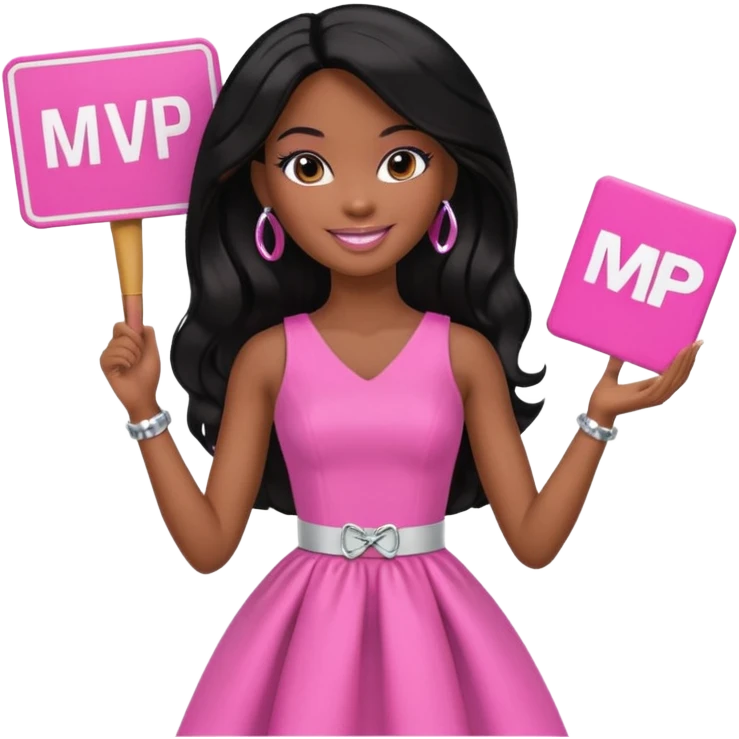 Black barbie, long black  hair, pink dress holding mvp sign  emoji
