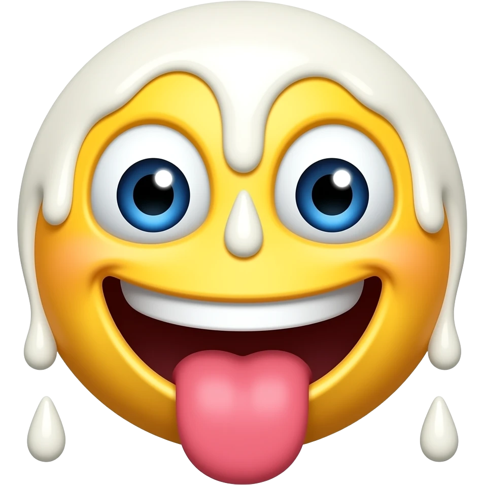 smiley face, looking in both directions, eyes bulging out, tounge out, laser eyes, drenched in white dairy milk, milk spilling from mouth emoji