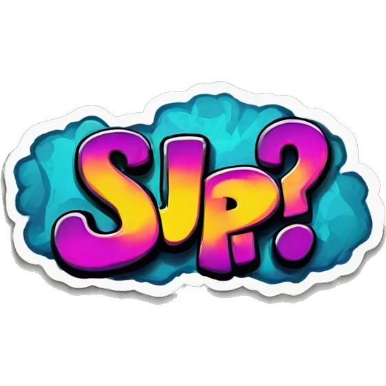 **A sticker "SUP ?", a graffiti-style logo with bright colors on a solid background, created as vector art.  emoji