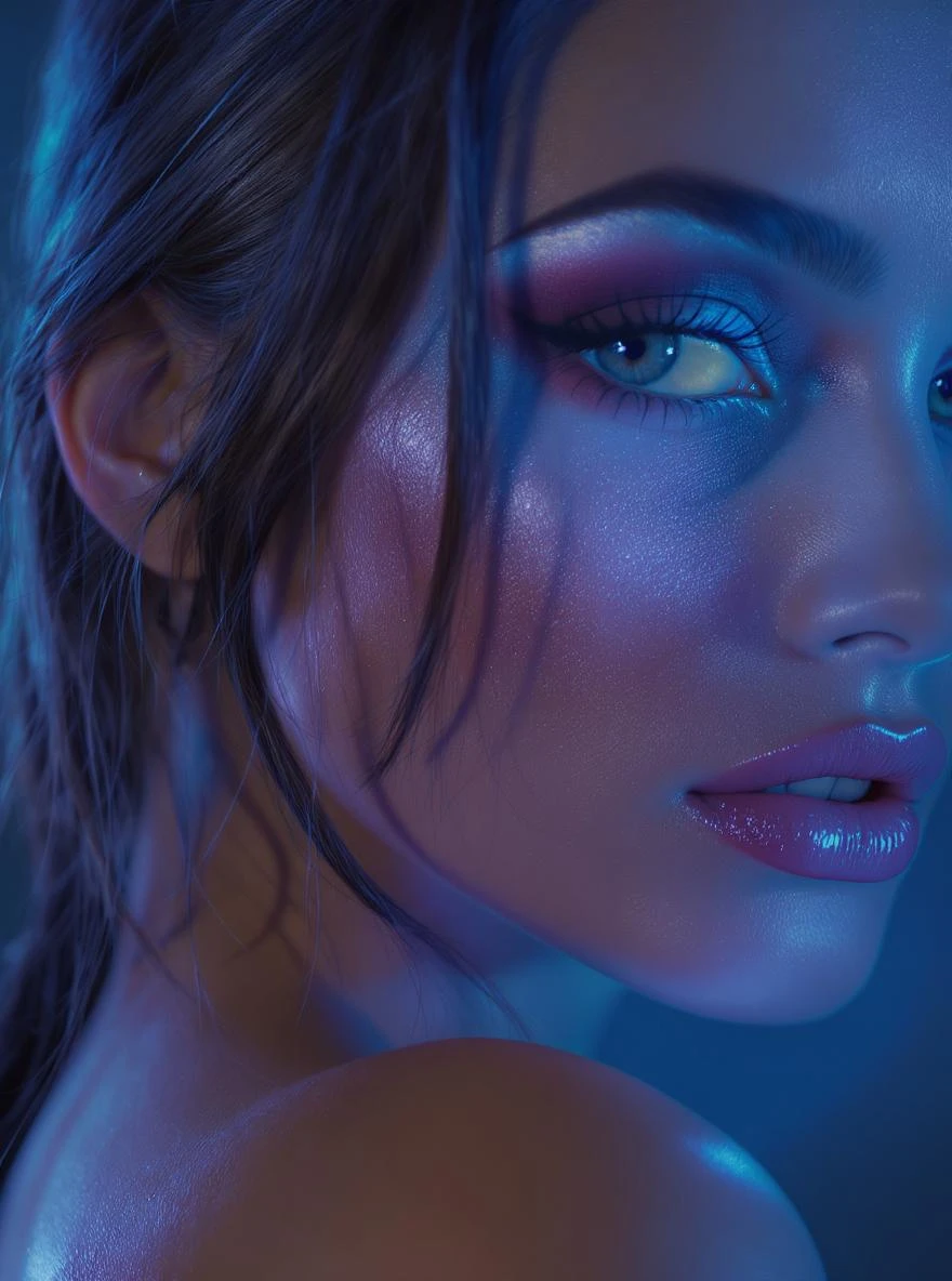 Extreme Closeup photo of a beautifull woman, cinematic light, Blue light ambient light, back light, 8K, very detailed, sharp emoji