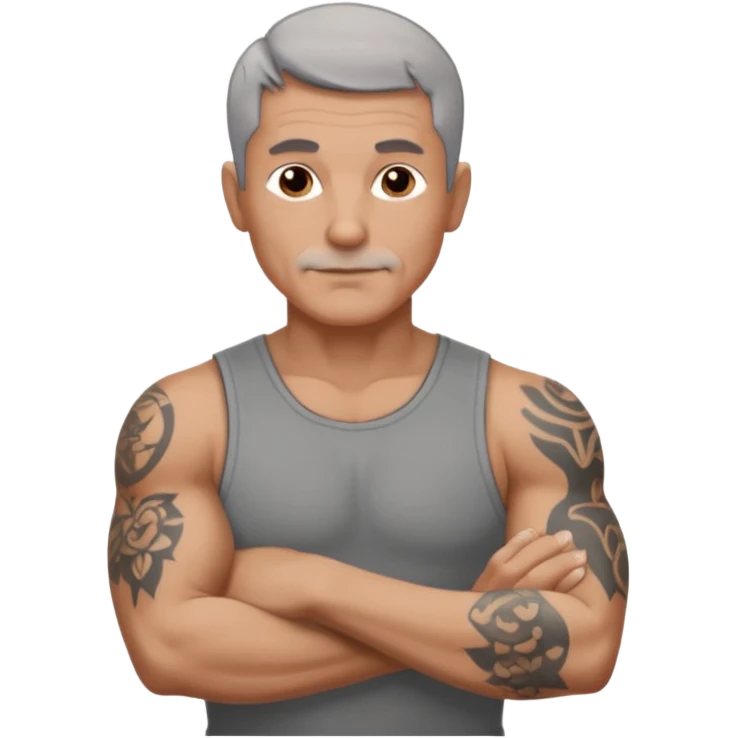 un homme de 50 ans, cheveux court gris, musclé avec le bras droit tatoué emoji