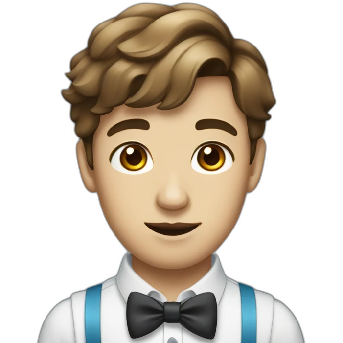 A young male tennager with a round face and very short brown hair and a mole on chin wearing a blue bow tie emoji