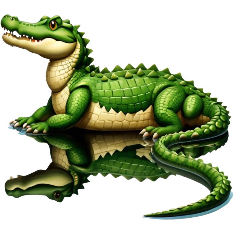 A large crocodile resting on a riverbank, part of its body in water, realistic scales and reflections, natural sunlight. emoji