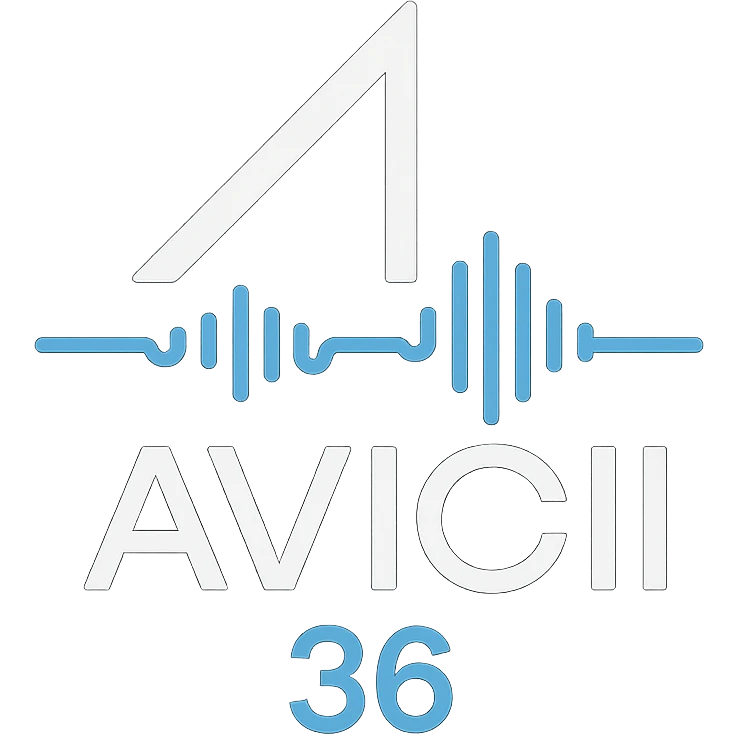 minimalist logo of Avicii age 36 with clean lines, electronic music theme emoji