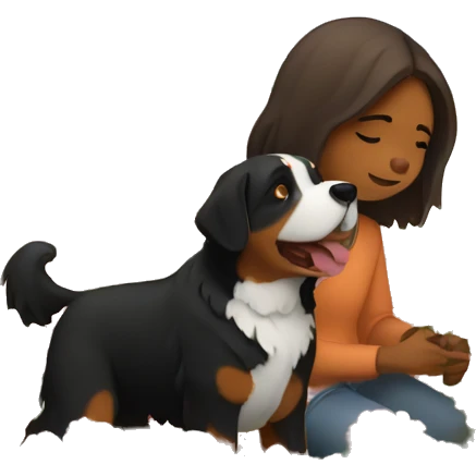 girl with brown bob picking flowers on a flower field. On her side is a bernese mountain dog. emoji