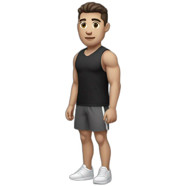 Pale skinned Fit Man With the biceps and dark brown hair in black shirt, gray sports shorts and white Sneakers emoji