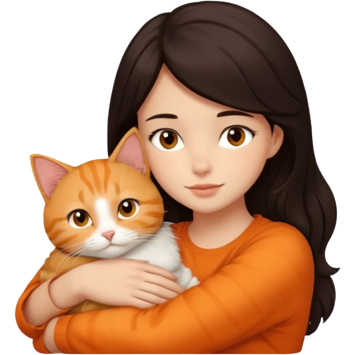 dark-black-brown-hair-to-shoulder girl with brown eyes snuggled with orange tabby cat emoji