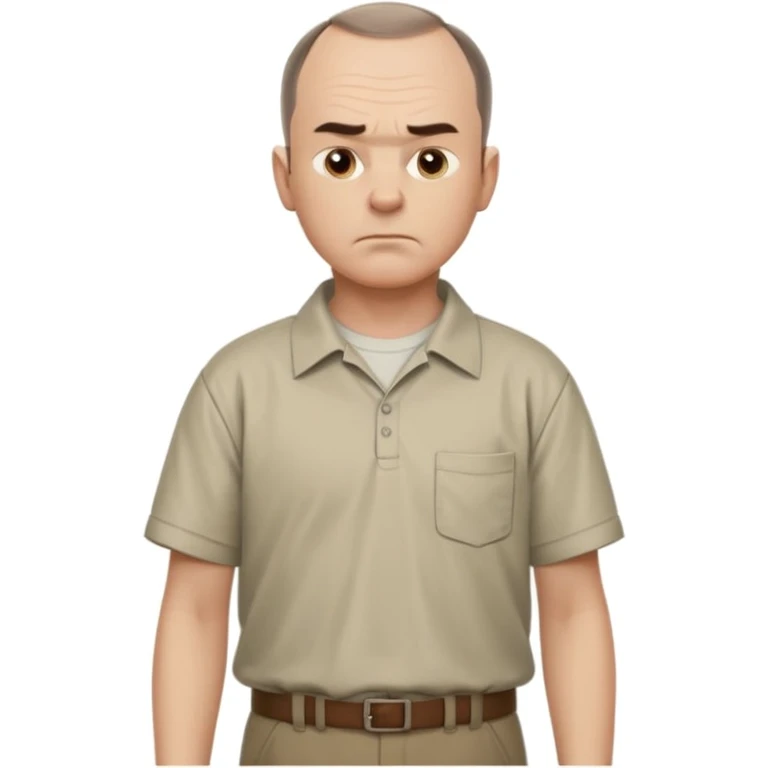 Carl from Sling Blade, serious expression, recognizable features, neutral background, full body, chin sticking out, slouching posture, no glasses, shirt with collar,  side view, the 4th image is good. show his entire body, he is standing. we see him from the side emoji