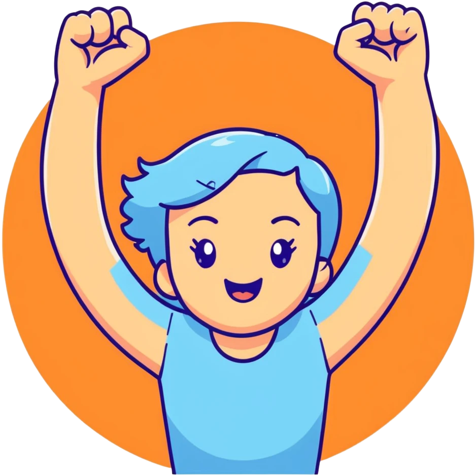 girl wearing pastel blue clothes with arms raised in joy making a hurray celebration gesture emoji