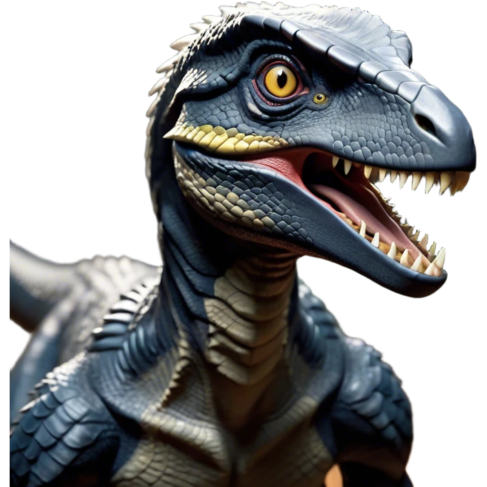 Cinematic Noble jurassic park Velociraptor Portrait Emoji, Poised and menacing, with a sleek, muscular build clad in dark, scaly skin reminiscent of jurassic park Park’s iconic raptor, a sharply curved snout and piercing, intelligent eyes that exude predatory cunning, Simplified yet boldly defined features, highly detailed, glowing with a cool, ominous radiance, high shine, intelligent and relentless, stylized with an air of cinematic prehistoric authority, focused and alert, soft glowing outline, capturing the essence of a watchful and confident jurassic park Velociraptor that appears ready to dash out of the screen with effortless power! emoji