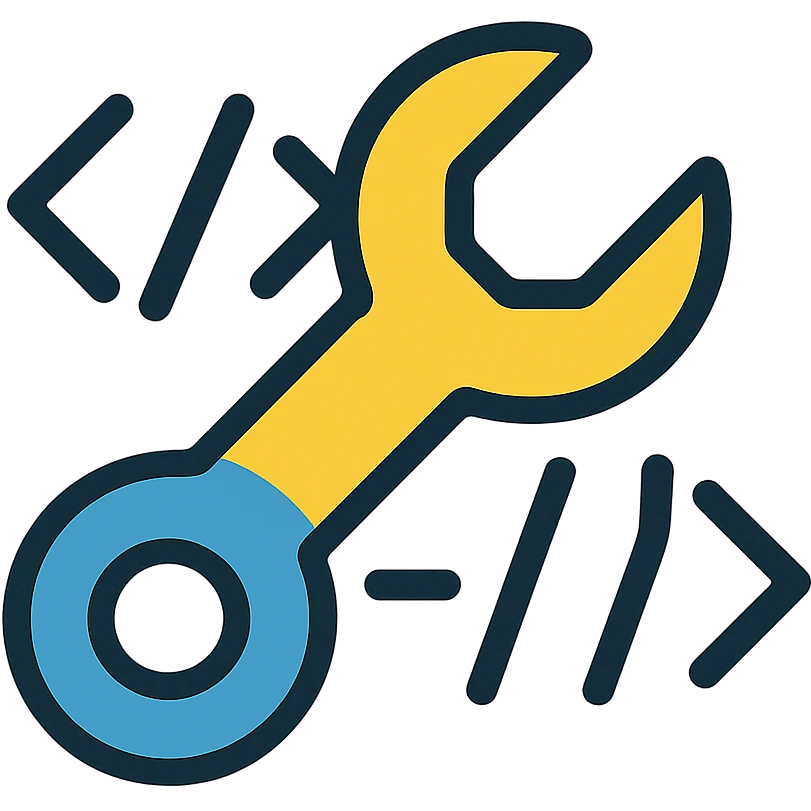 A wrench tool made out of HTML code, with tags and brackets forming the shape of a wrench emoji