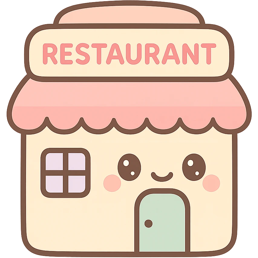 restaurant building, kawaii chibi anime style, flat pastel colors, thick outlines, simple cute features emoji