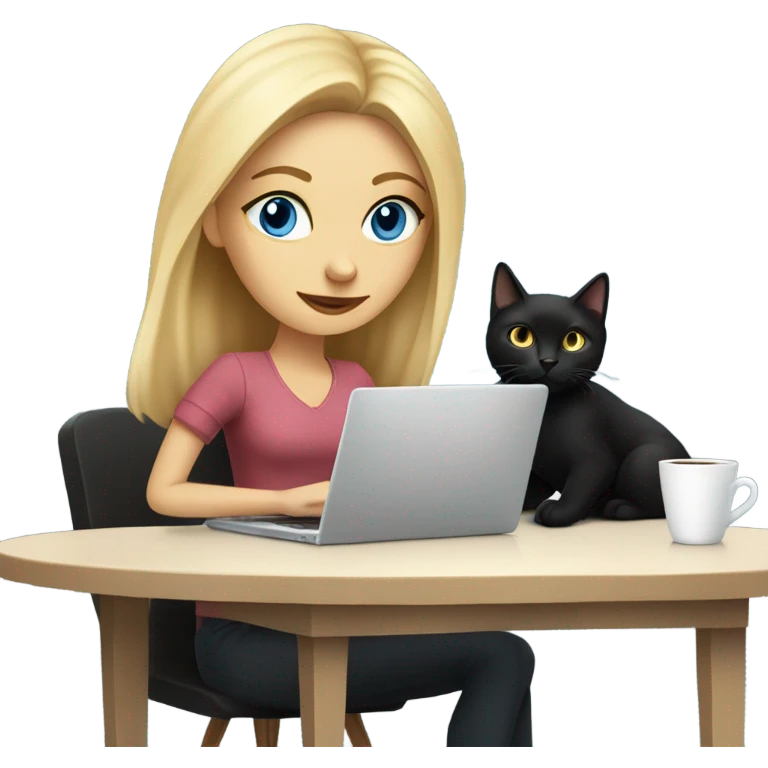 A blonde girl with blue eyes working on her laptop, holding a coffee, with her black cat by her side. emoji